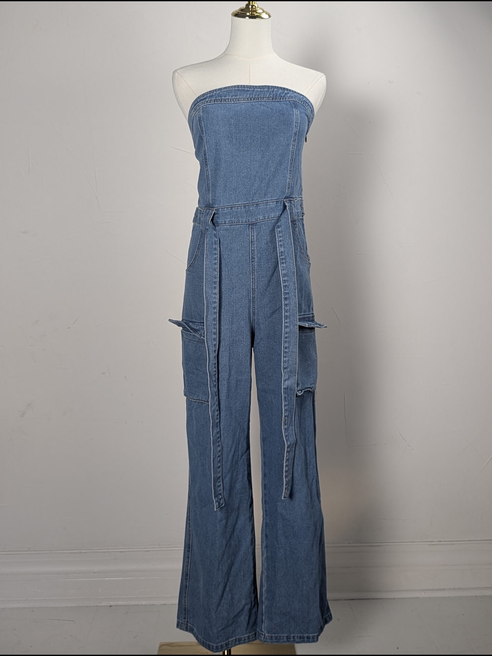 Trendy Sincerely Jules Strapless Denim Cargo Utility Jumpsuit in Blue L